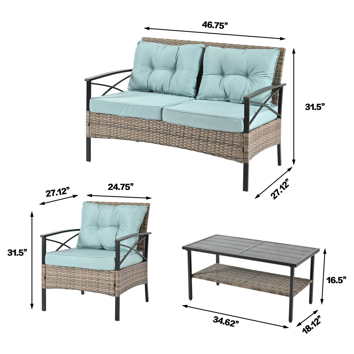Patio Furniture, Outdoor Furniture, Seasonal Pe Wicker Furniture, Four Set Wicker Furniture With Black Metal Table Yes Brown Seats 4 Pe Rattan Iron Waterproof Fabric