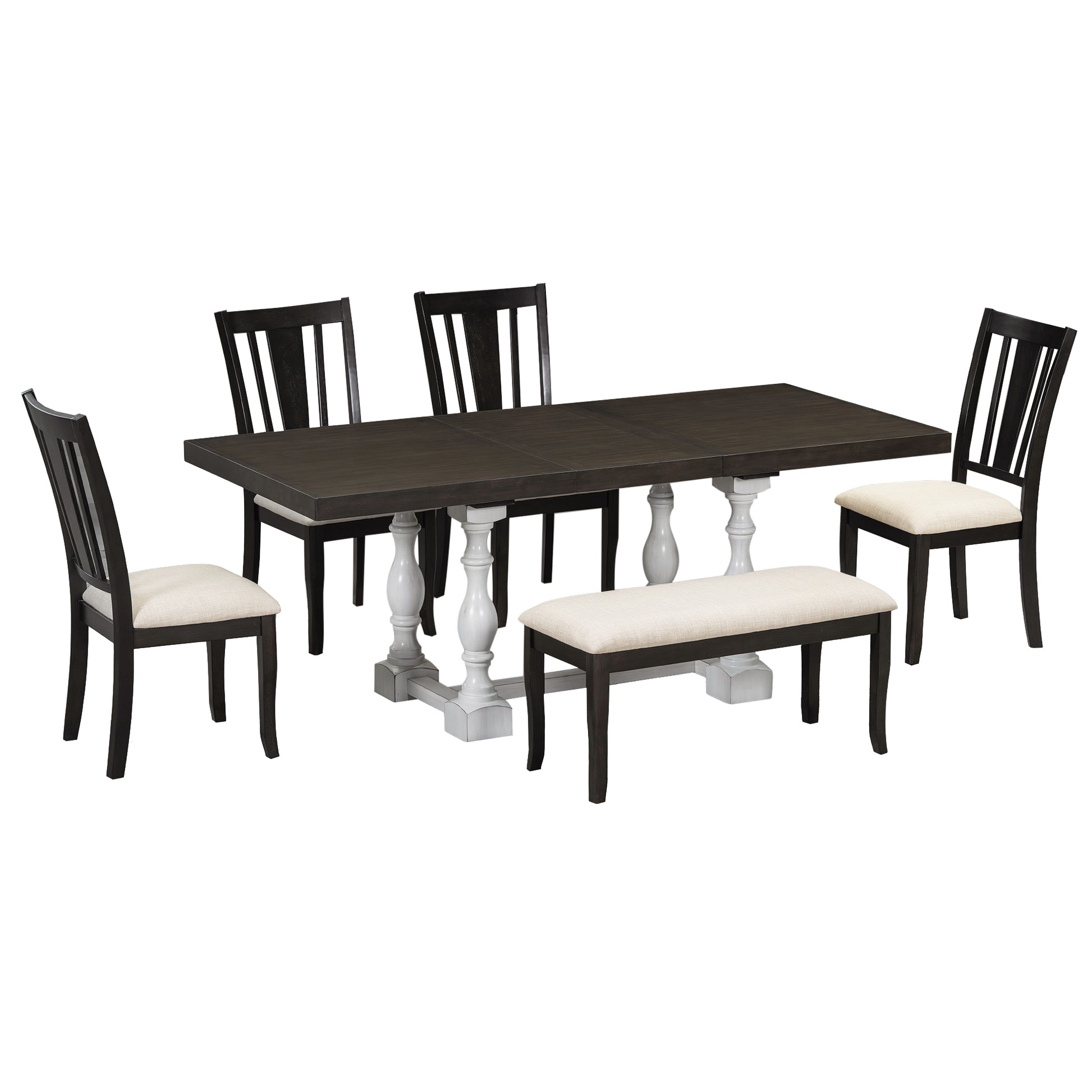 Traditional 6 Piece 78Inch Trestle Extendable Dining Table Set With One 18Inch Removable Leaf, Padded Dining Chairs And Bench,Distressed White Brown Wood Dining Room Solid Wood Rubberwood Rectangular Dining Table With Chair And Bench Upholstered Chair