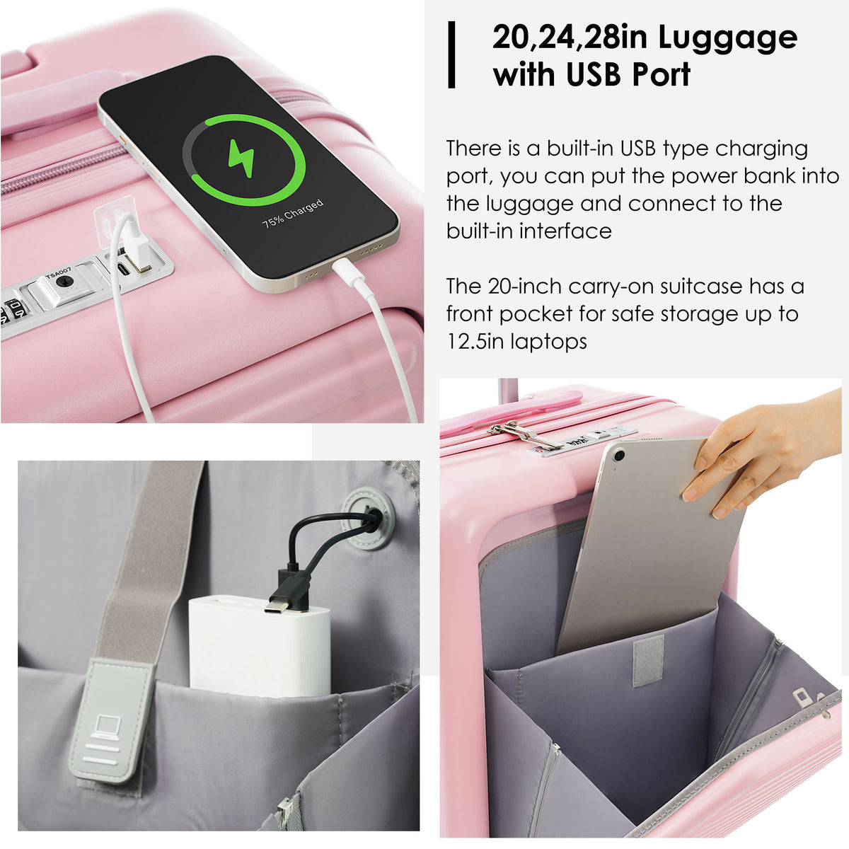 Luggage Set Of 4 With Usb Port, 20, 24Inch With Front Opening Design Airline Certified Carry On Luggage With Cup Holder, Abs Hard Shell Luggage With Expandable Travel Bag, Pink Pink Abs