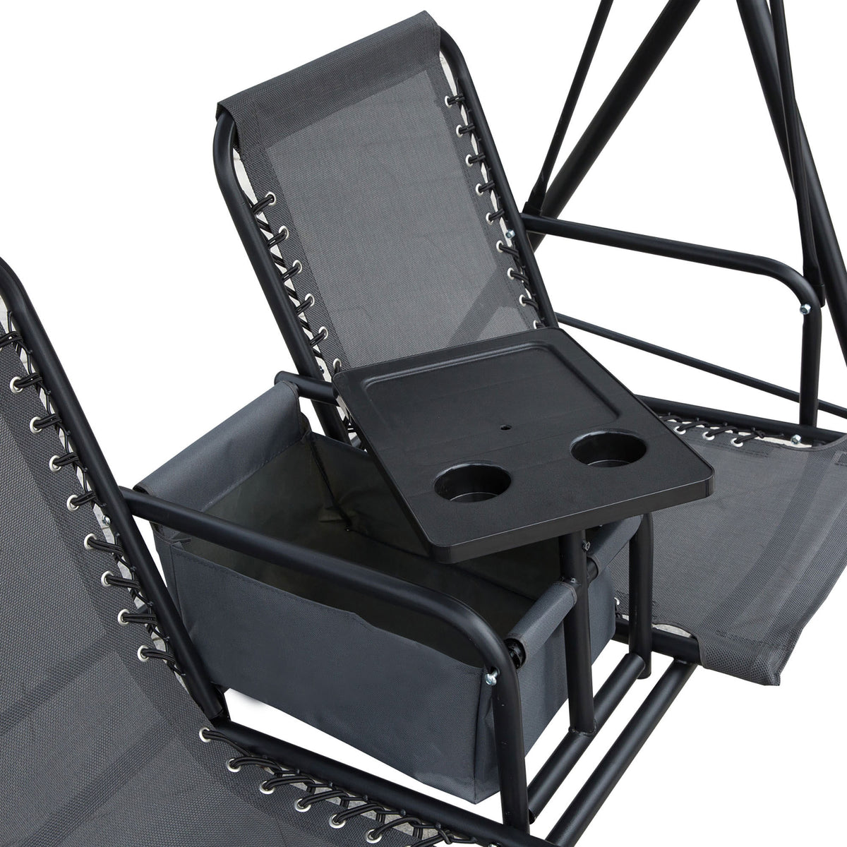 Outsunny 2 Seat Patio Swing Chair, Outdoor Canopy Swing Glider With Pivot Storage Table, Cup Holder, Adjustable Shade, Bungie Seat Suspension And Weather Resistant Steel Frame, Grey Gray Steel