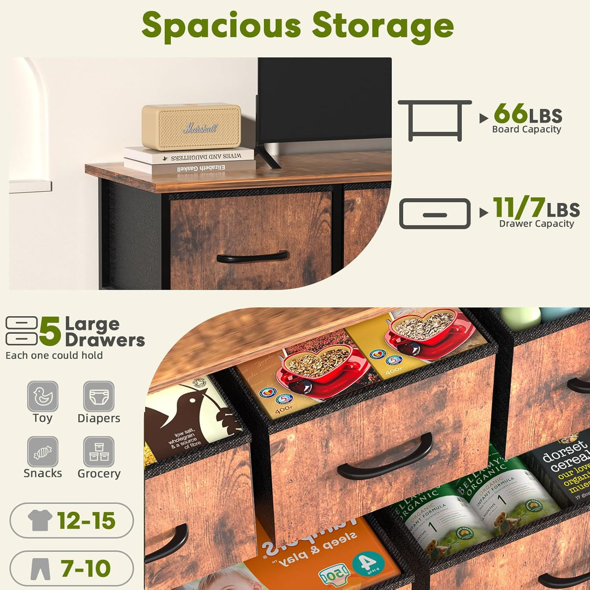 5 Drawers Dresser For Bedroom, Kidsroom Furniture, Wide Chest Of Drawers, Storage Organizer Units With Fabric Bins For Closet, Metal Frame, Waterproof Wood Top, Adjustable Feet, Rust Rust Wood
