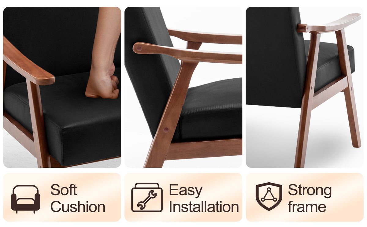 Mid Century Modern Chair, Living Room Chair With Solid Wood Frame, Accent Chair Extra Thick Backrest, Wingback Chair For Bedroom, Reading Room, Living Room, Lounge Chair Indoor Black Pu Primary Living Space Mid Century Modern Foam Pu Leather
