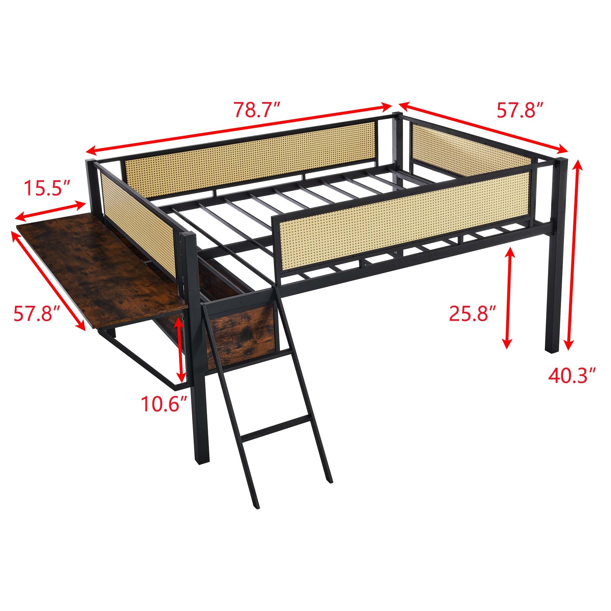 Single Metal Loft Bed With Rectangular Desk, Led Lights, Led Loft Bed Frame Double Bed With Storage Shelves And Hanging Storage Compartments, Safety Guard And Ladder, No Box Springs Required, Rattan G Full Black Brown Mdf Iron
