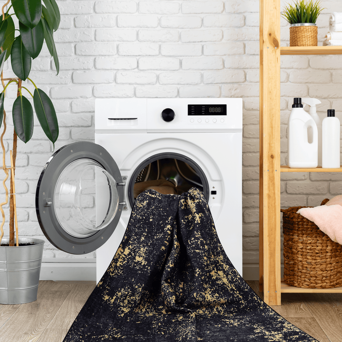 9X12 Area Rug For Dining Room, Washable Rug, Low Pile, Non Slip, Non Shedding, Foldable, Kid & Pet Friendly Area Rugs For Living Room, Bedroom, Kitchen, Dining Room Rug, Black Gold, 9' X 12' Black Gold Chenille Polyester