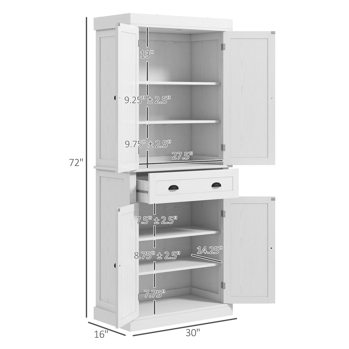 Homcom 72.5" Kitchen Pantry Cabinet, Traditional Freestanding Storage Cabinet With 4 Doors, Drawer And 3 Adjustable Shelves For Dining Room, White Wood Grain White Particle Board