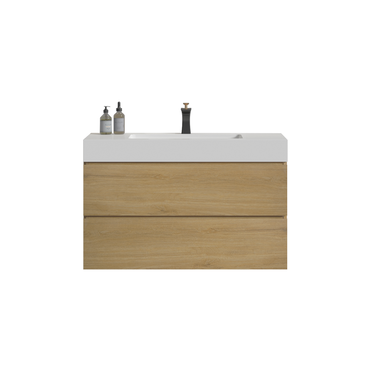 U042 Alice36 106 Alice 36" Oak Bathroom Vanity With Black Sink, Large Storage Wall Mounted Floating Bathroom Vanity For Modern Bathroom, One Piece Black Sink Basin Without Drain, Pre Assembled Oak Melamine