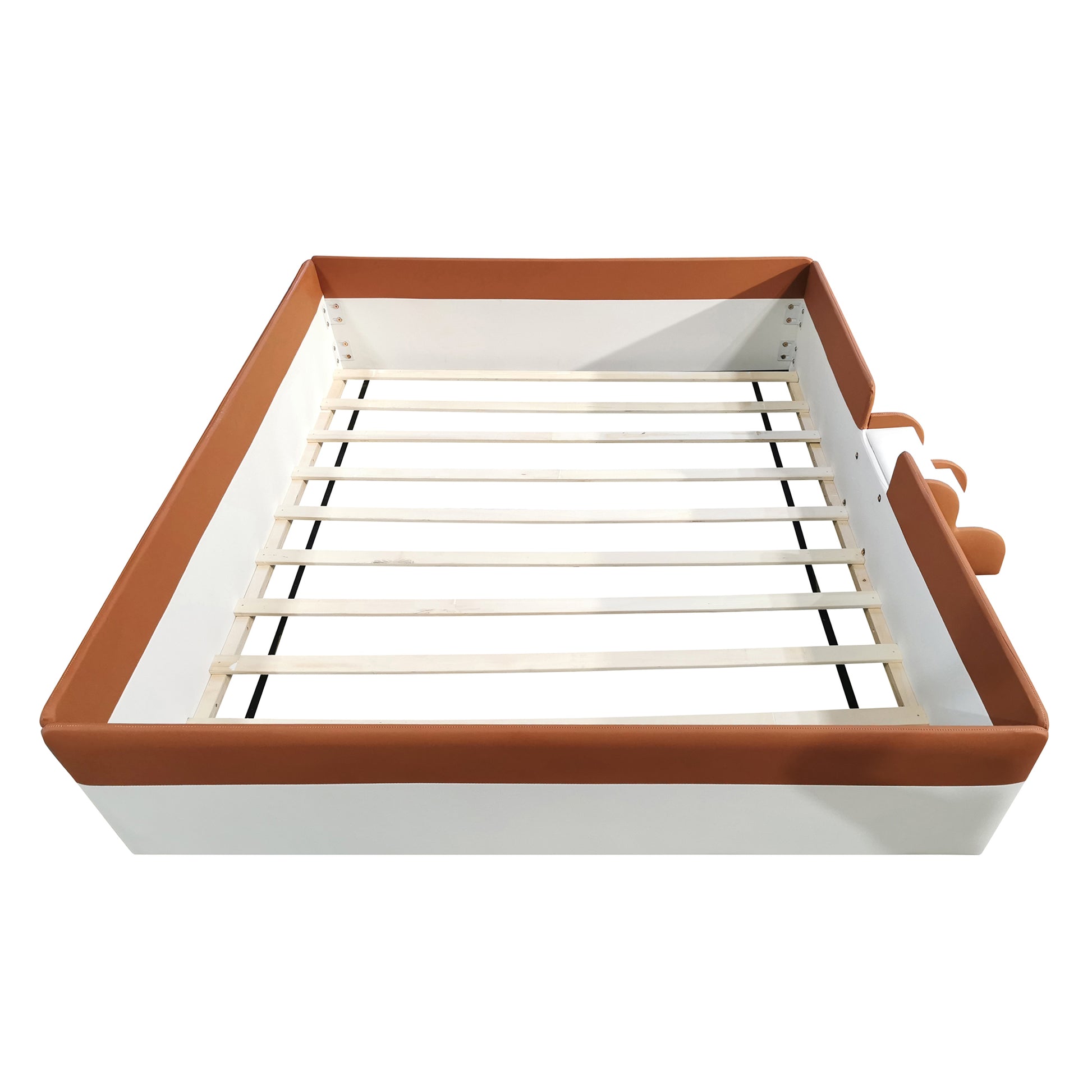 Queen Size Upholstered Daybed Frame With Fence And Stairs, Brown White Queen Brown White Mdf Lvl