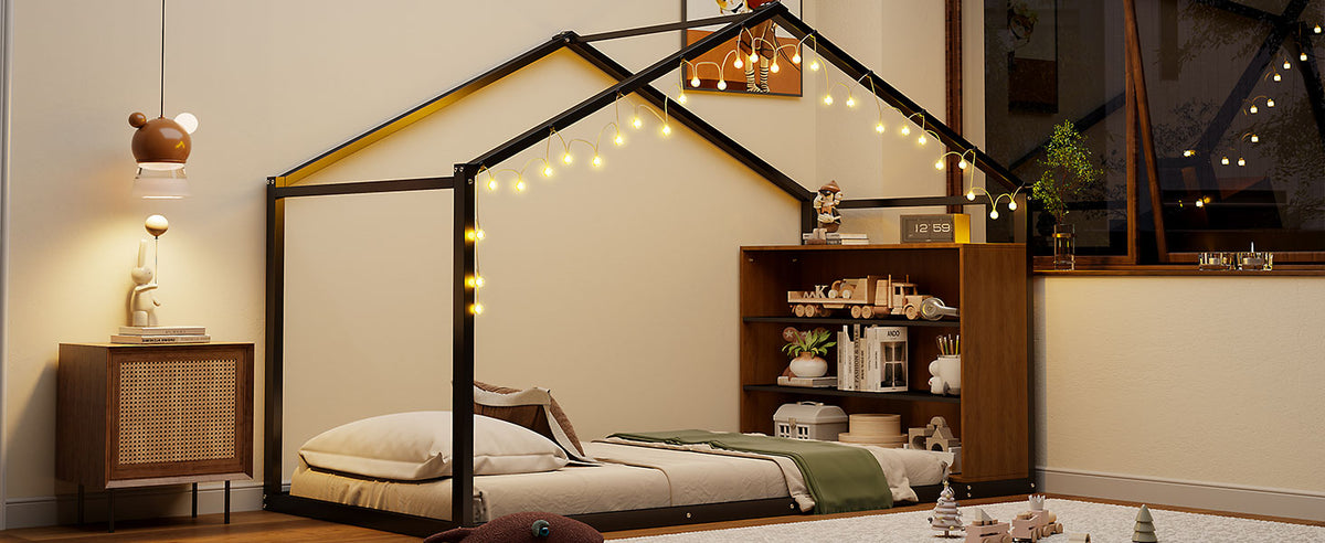 Twin Size Metal Bed House Bed Frame With Shelves And Lights, Black Twin Black Metal & Wood