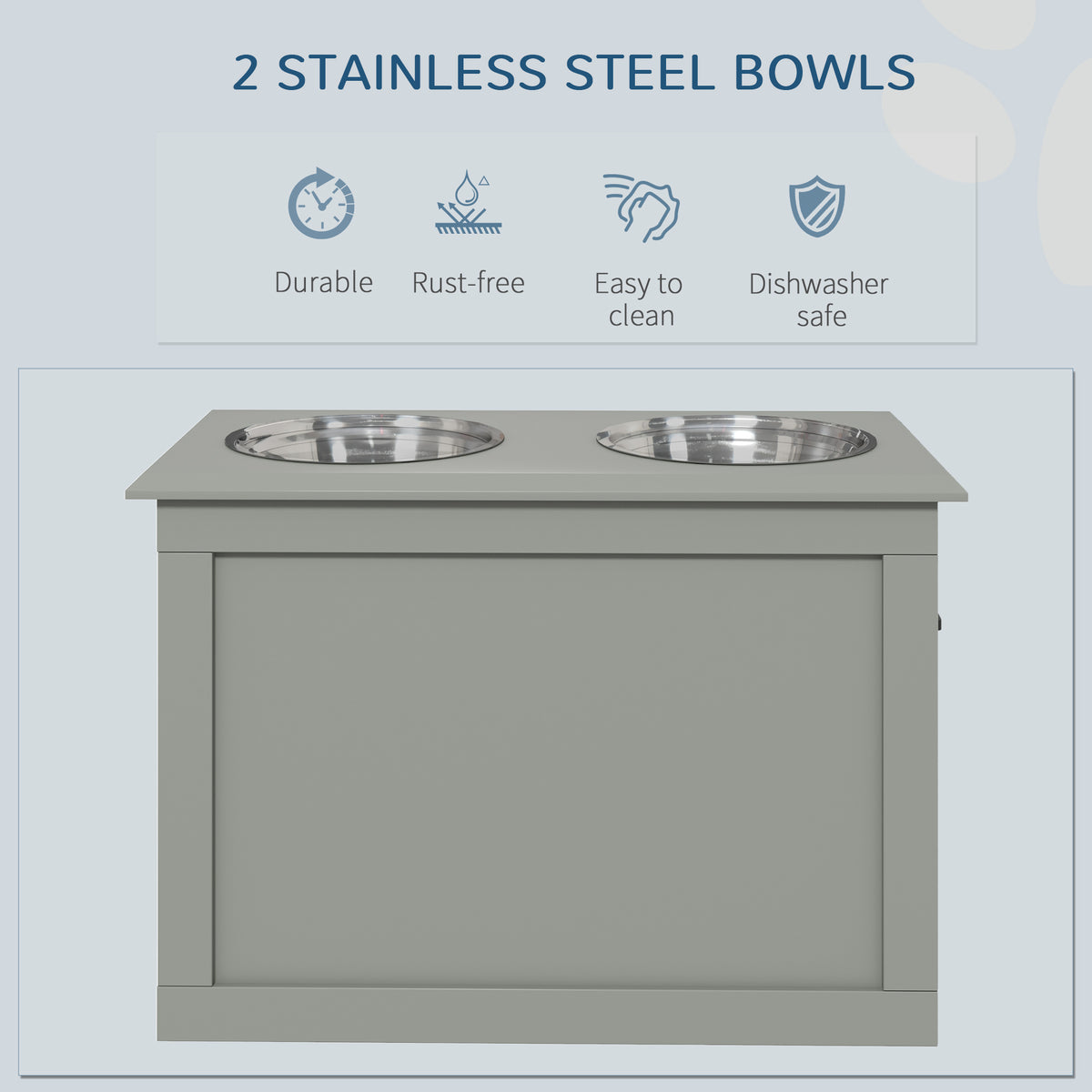 Pawhut Raised Pet Feeding Storage Station With 2 Stainless Steel Bowls Base For Large Dogs And Other Large Pets, Gray Gray Mdf