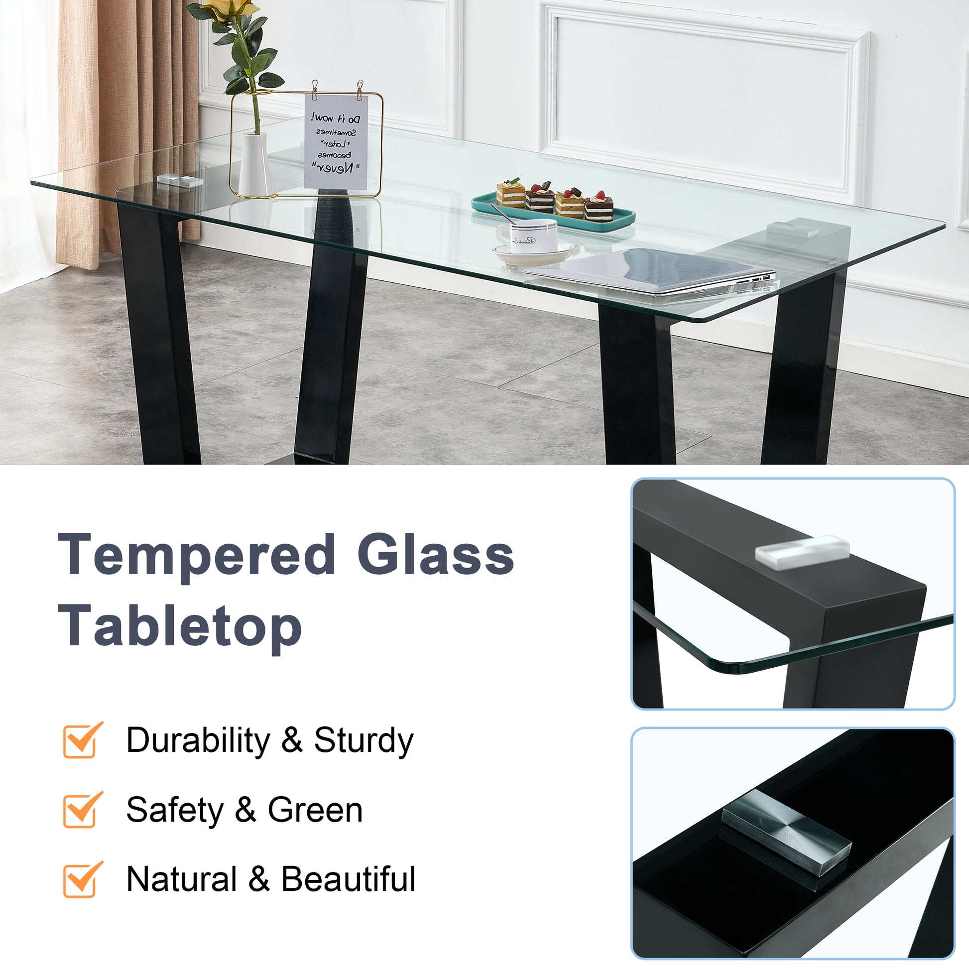 Table And Chair Set.A Rectangular Dining Table Features With Tempered Glass Top And Sleek Black Mdf Stand.Paried With 6 Pu Chairs With Checkered Armless High Back And Electroplated Metal Legs. Black,Transparent Seats 6 Mdf Glass