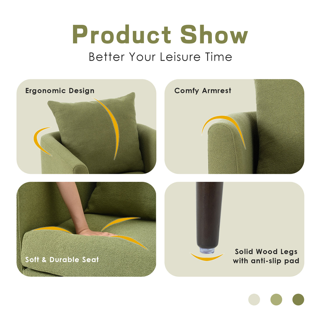 Barrel Chair, Modern Accent Chair, Fabric Armchair Club Chair,Upholstered Arm Chair With Solid Wood Legs,Waist Pillow,Padded Single Chair For Living Room Bedroom Study Waiting Room,Olive Green Olive Green Light Brown Primary Living Space Modern