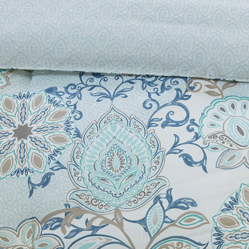 8 Piece Cotton Floral Printed Reversible Comforter Set Blue King King Blue Cotton