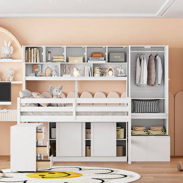 Full Size Wooden Loft Bed Big Storage With Under Bed Desk, With Drawers, With Shelves, White Full White Plywood