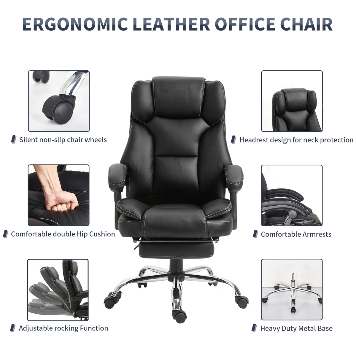 Reclining Office Chair With Massage, Ergonomic Computer Chair With Foot Rest Black Pu Iron