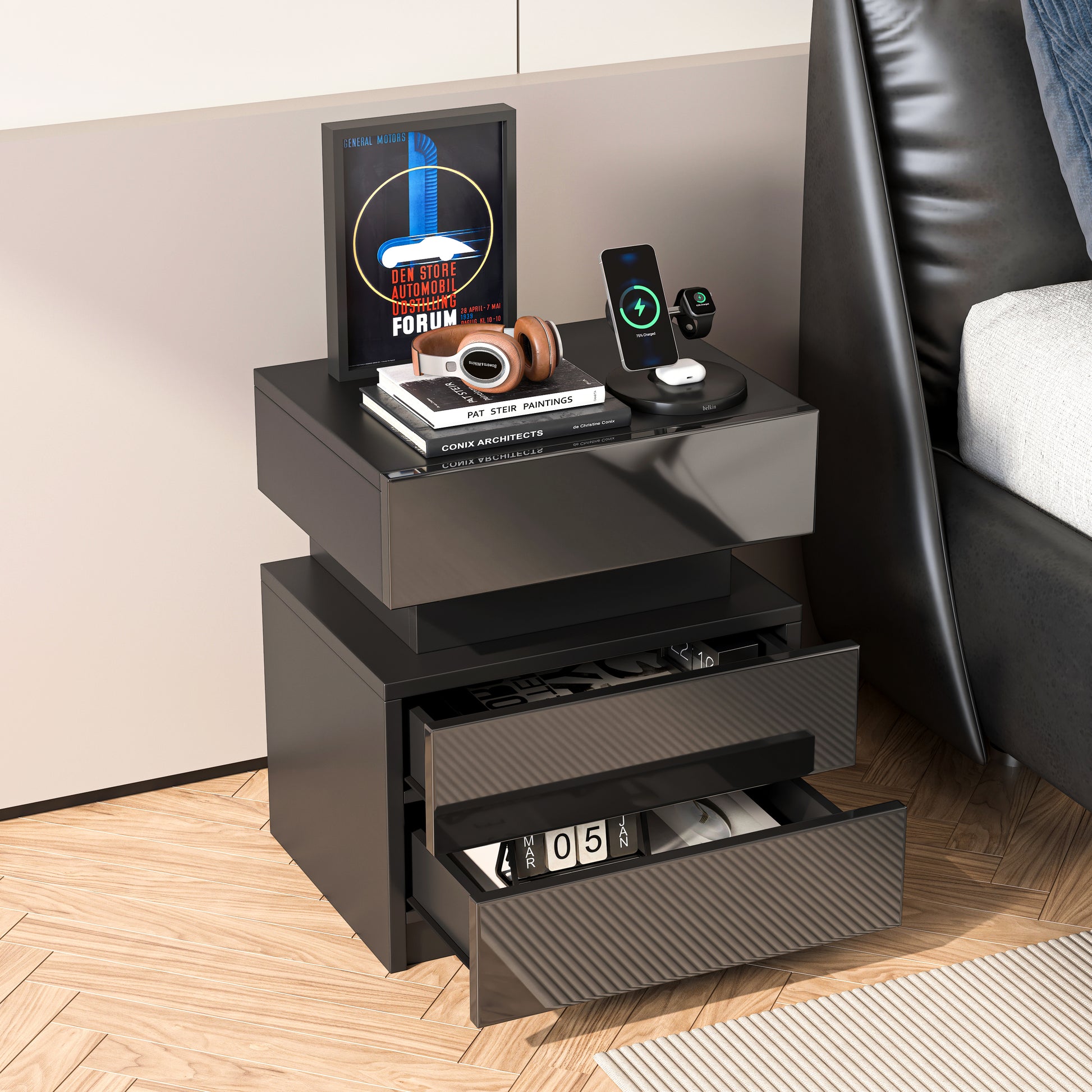 Led Nightstand Modern Black Nightstand With Led Lights Wood Led Bedside Table Nightstand With 2 High Gloss Drawers For Bedroom Standard 1 2 Drawers Black Bedroom Drawers Included American