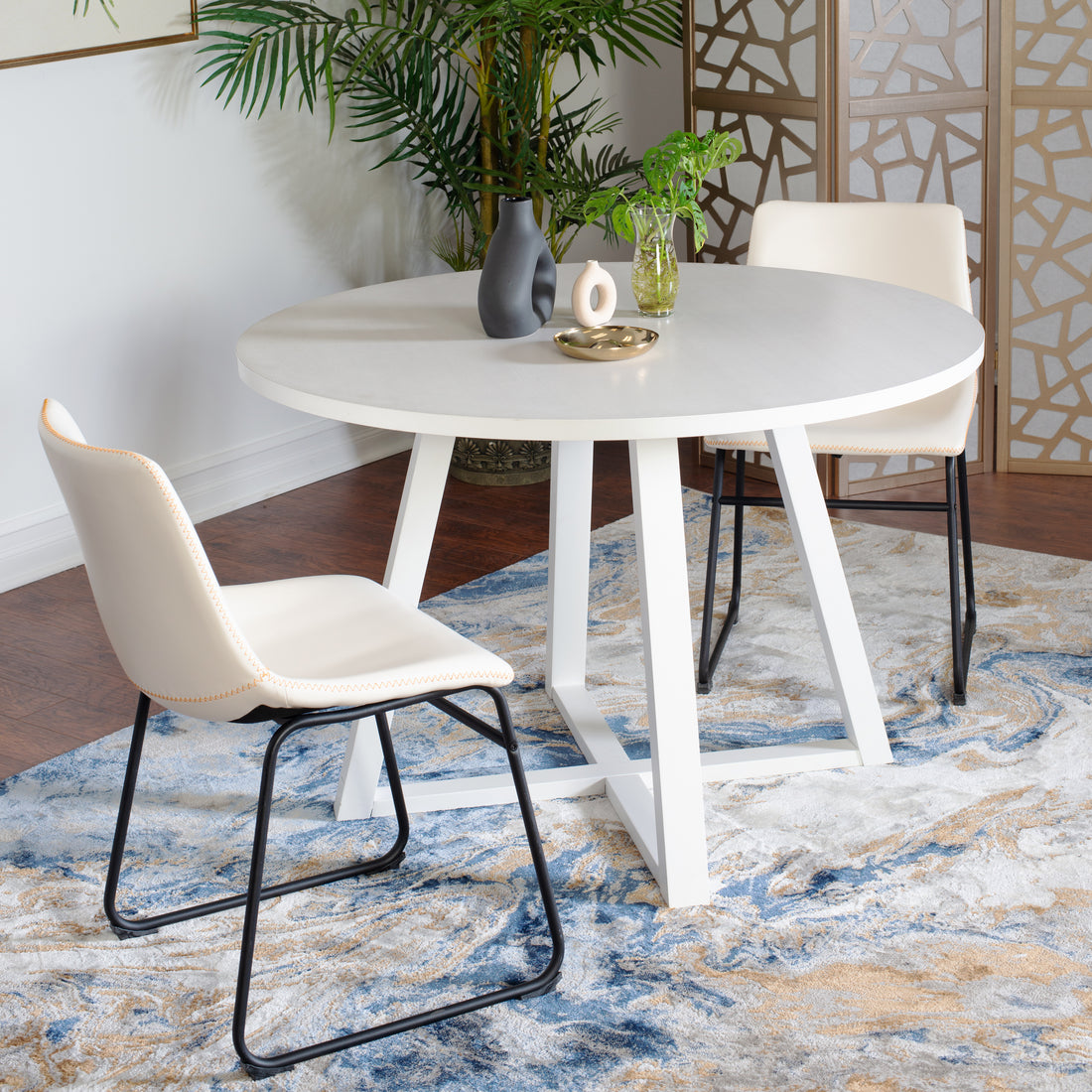 Varna 3 Piece Round Dining Set, Trestle Dining Table With 2 Stylish Chairs Wood White Seats 2 White Wood Fixed Table Rubberwood Round Round Dining Table With Chair Mdf Metal