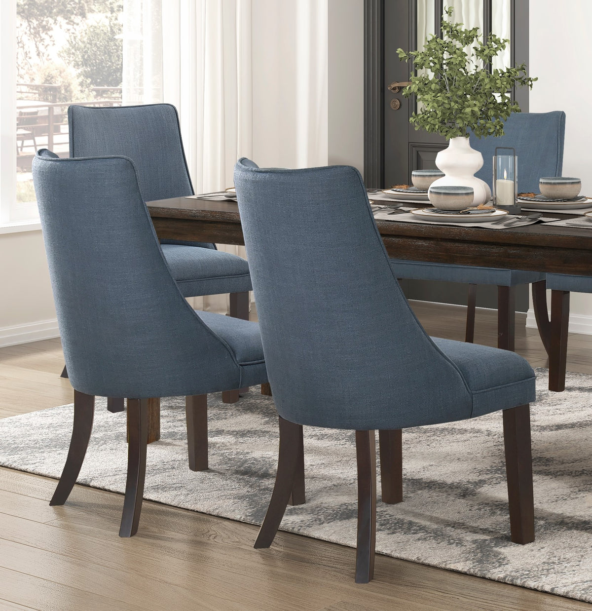 Blue Textured Fabric Upholstered Side Chairs Set Of 2, Dark Walnut Finish Wooden Legs Modern Dining Kitchen Furniture Blue Gray Dining Room Modern Side Chair Wood