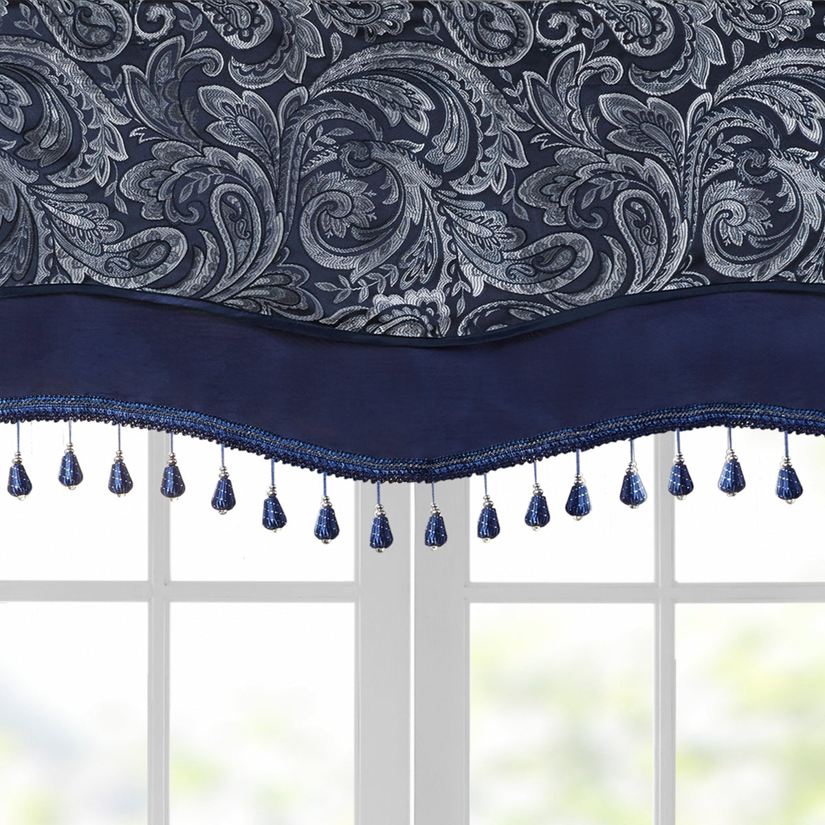 Jacquard Window Rod Pocket Valance With Beads Navy 50X18" Navy Polyester