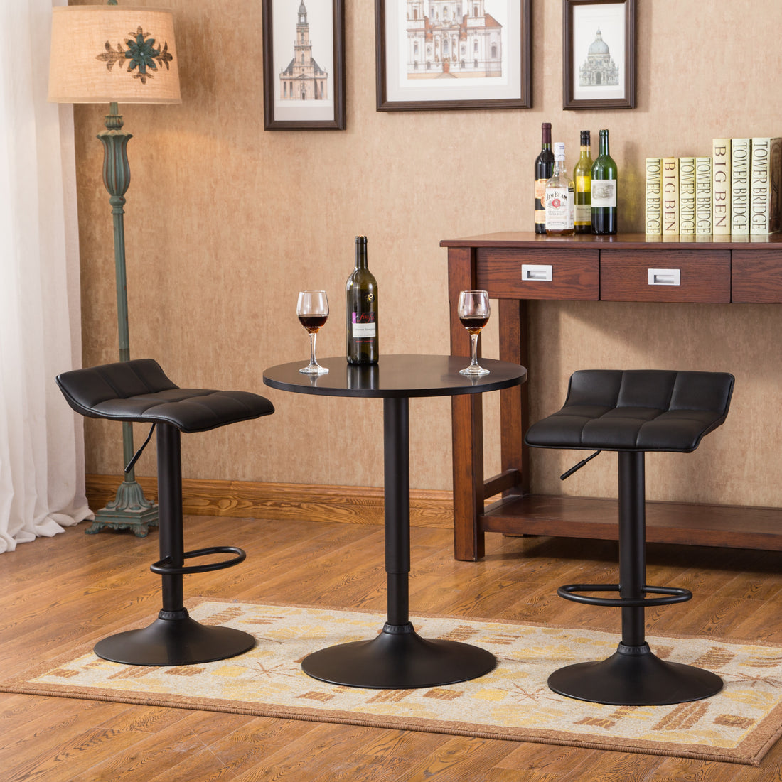 Belham Black Round Top Adjustable Height Bar Table And 2 Swivel Black Bonded Leather Adjustable Bar Stool Bar Sets Metal Wood Black Seats 2 Metal Dining Room Fixed Table Round Dining Table With Chair Mdf Metal
