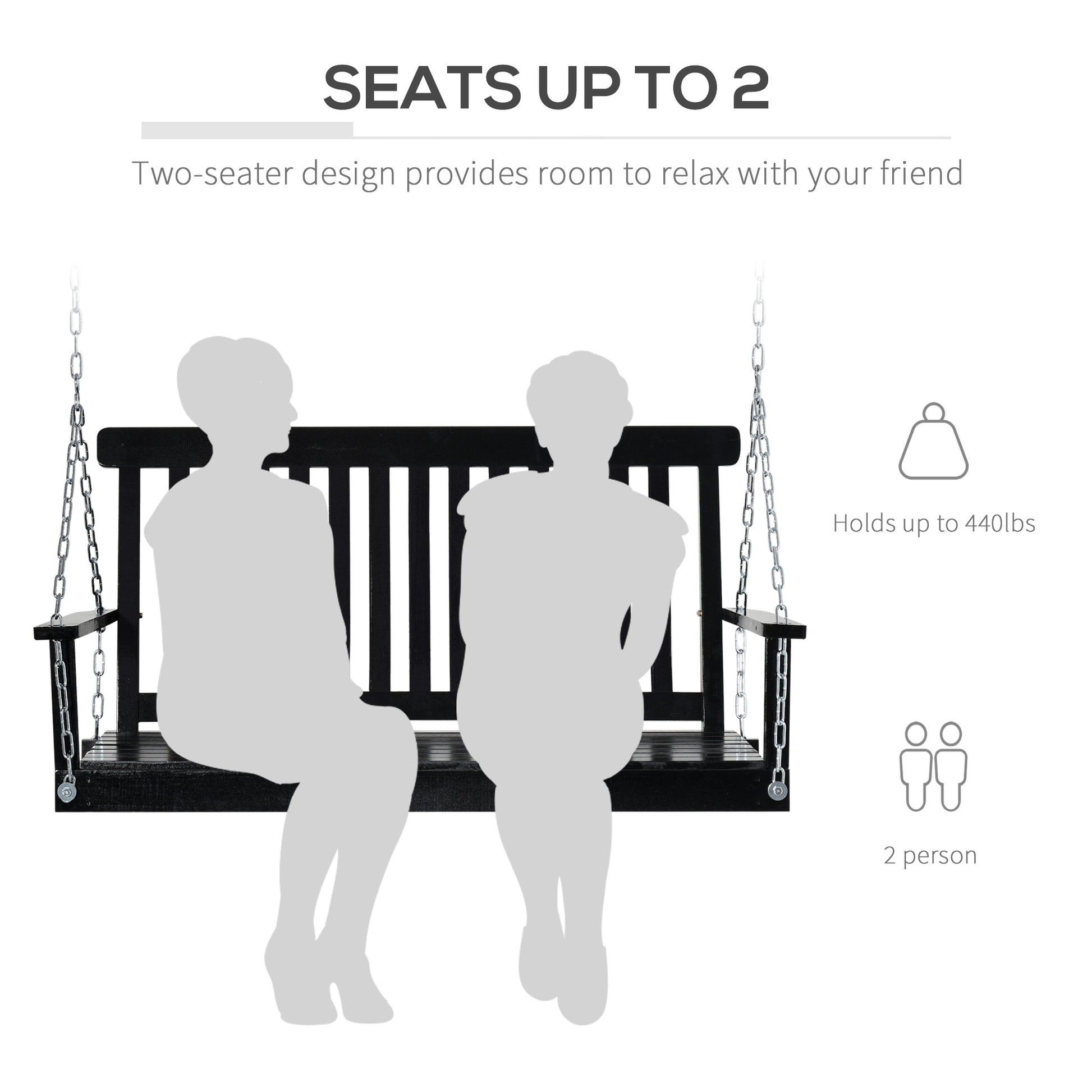 Outsunny 2 Seater Hanging Porch Swing Outdoor Patio Swing Chair Seat With Slatted Build And Chains, 440Lbs Weight Capacity, Black Black Wood