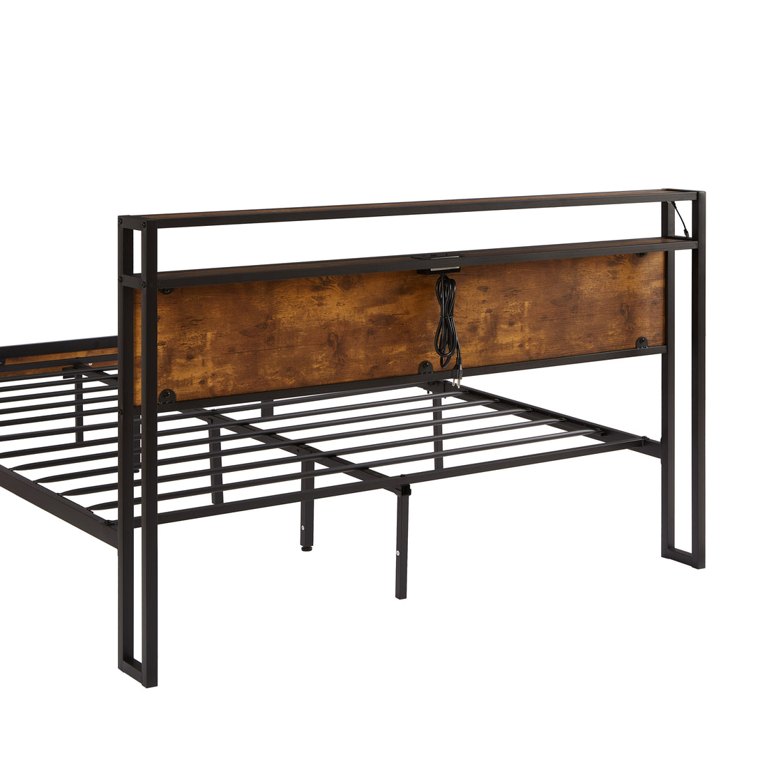 Queen Size Metal Platform Bed Frame With Wooden Headboard And Footboard With Usb Liner,Led Lights, No Box Spring Needed, Large Under Bed Storage, Easy Assemble Queen Black Brown Metal