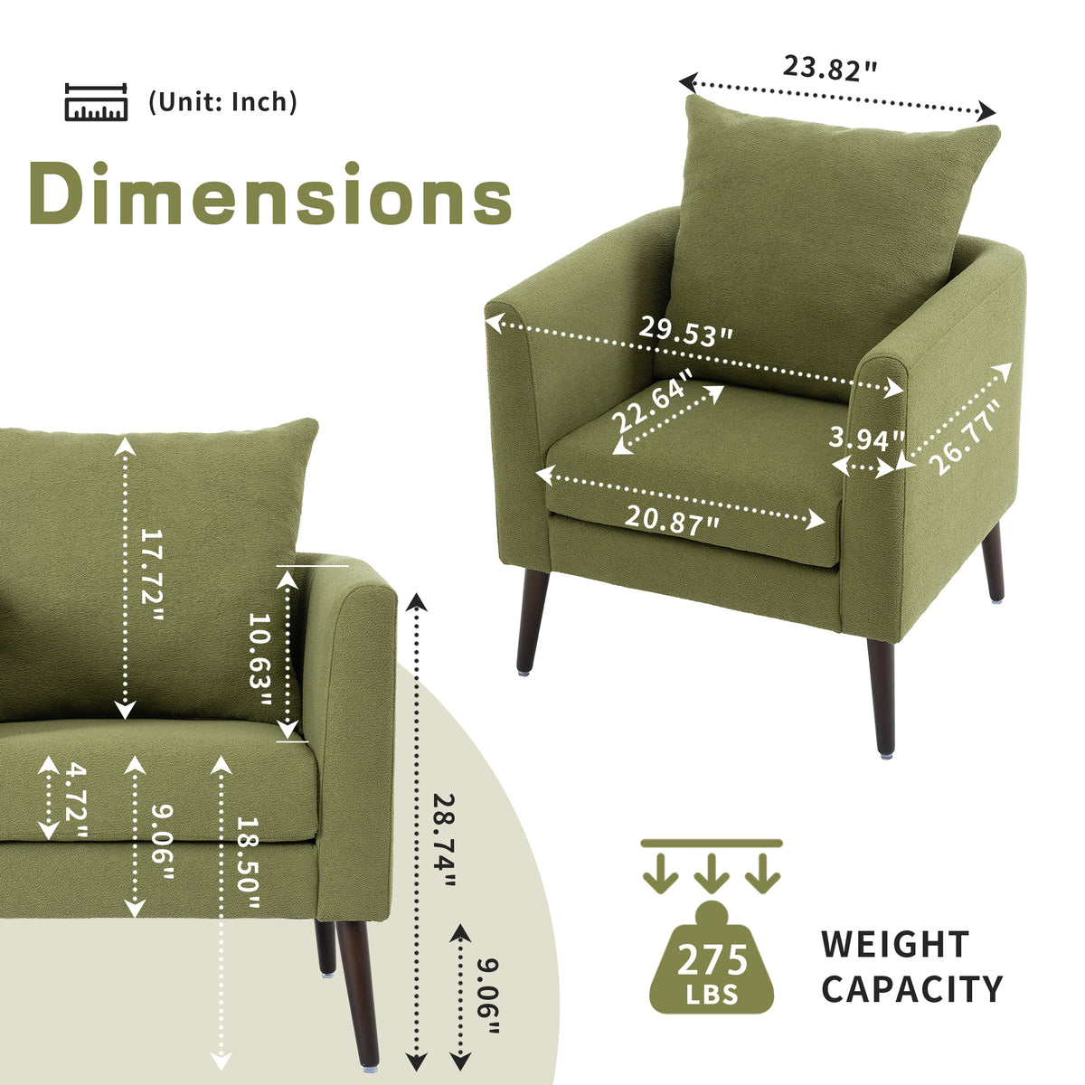 Barrel Chair, Modern Accent Chair, Fabric Armchair Club Chair,Upholstered Arm Chair With Solid Wood Legs,Waist Pillow,Padded Single Chair For Living Room Bedroom Study Waiting Room,Olive Green Olive Green Light Brown Primary Living Space Modern