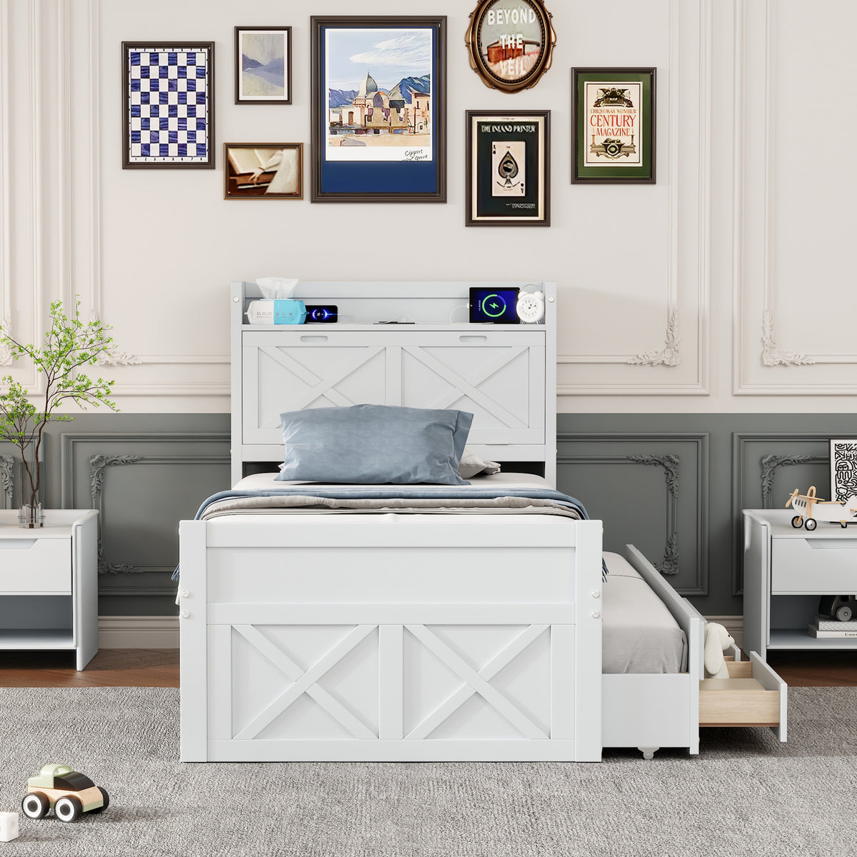 Twin Size Wooden Bed With Storage Headboard With Outlets, Extendable Bed With Twin Size Trundle With Three Storage Drawers,White Twin White Wood