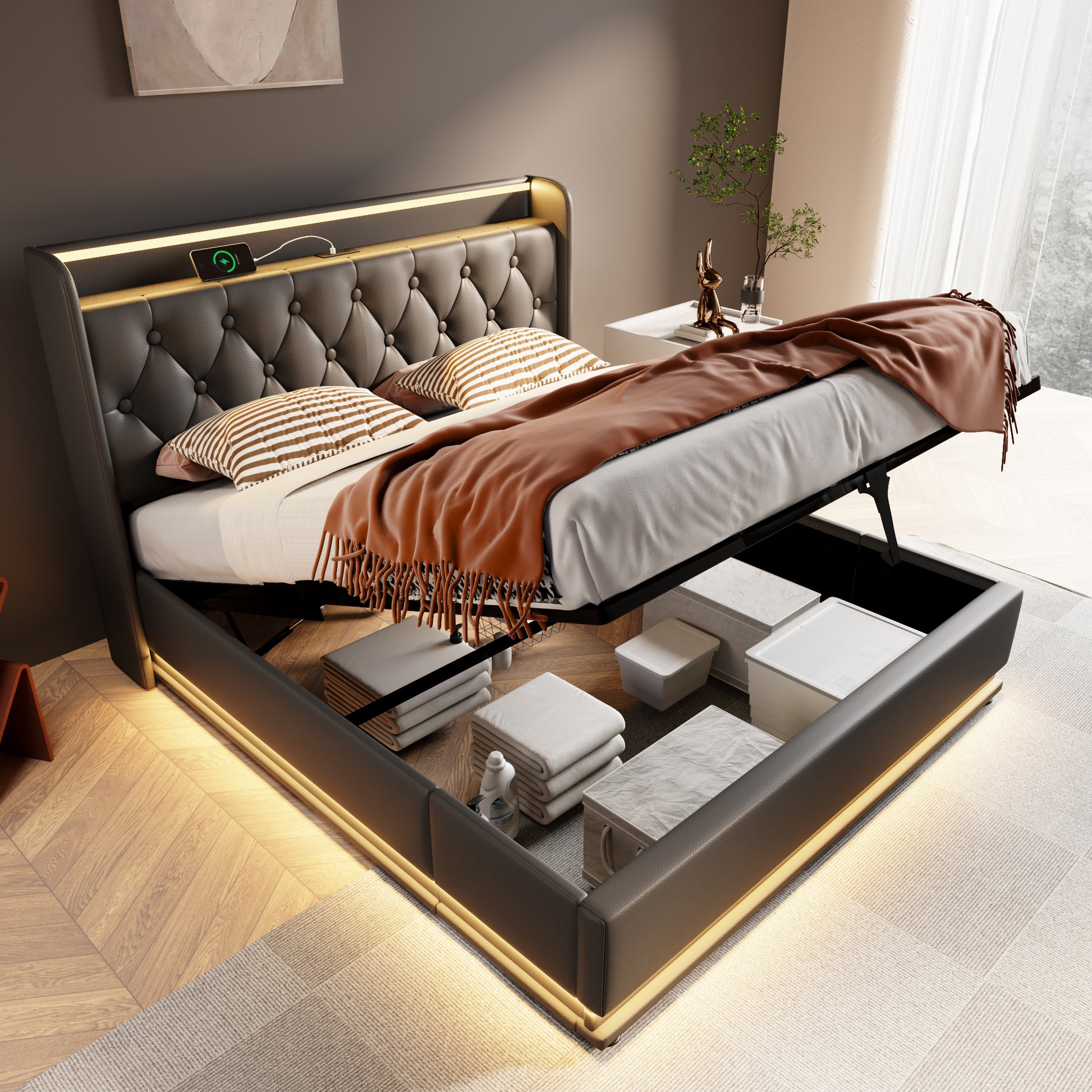 Full Size Upholstered Bed, 360 Surround Led Function, Buttons Apps Remote Control, Hydraulic Storage Bed With Usb Type C Charging, Black,Pu Without Mattress Full Black Pu