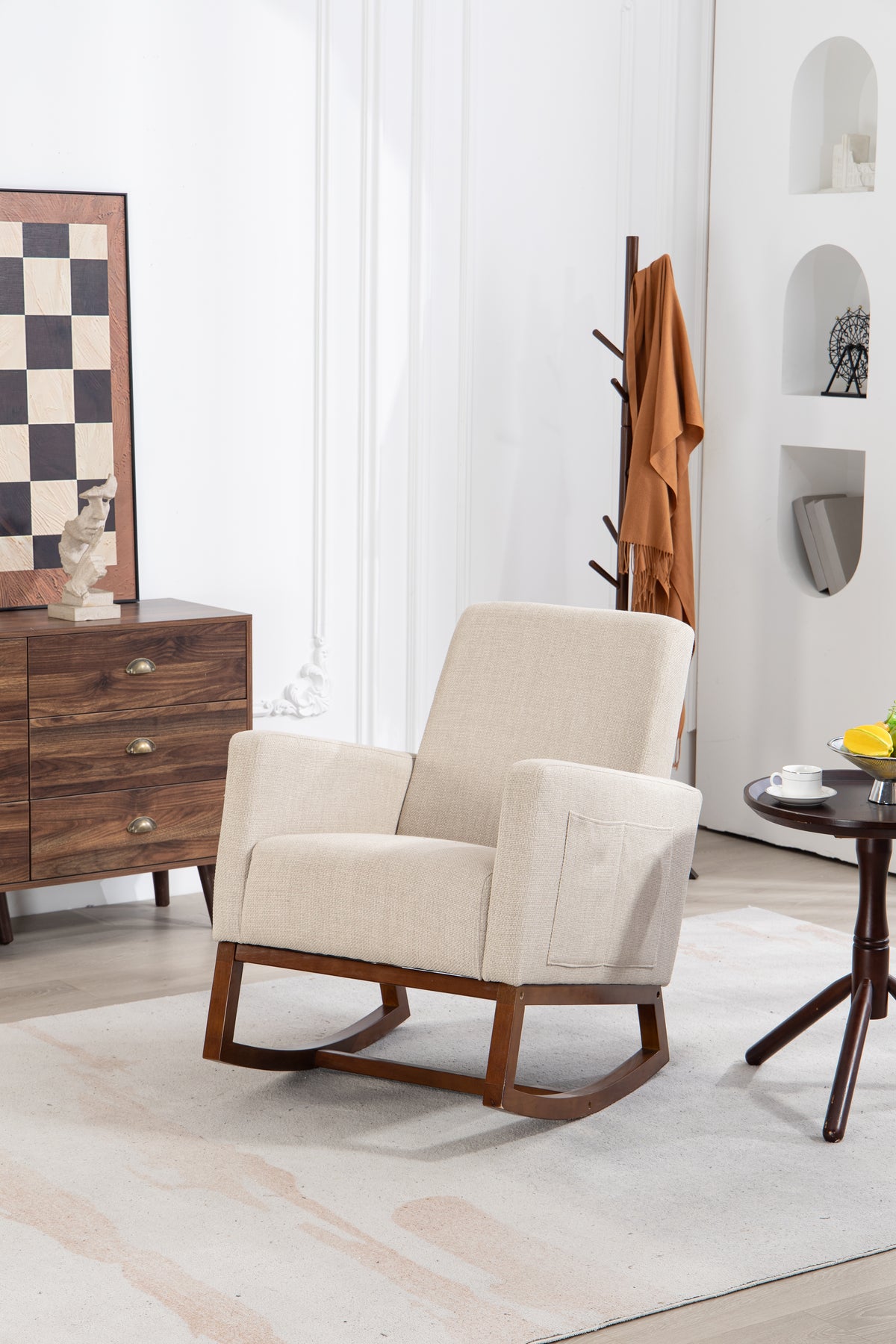 Mid Century Modern Accent Chair With Wood Frame, Upholstered Living Room Chairs With Waist Cushion, Reading Armchair For Bedroom Sunroom Grey White Linen