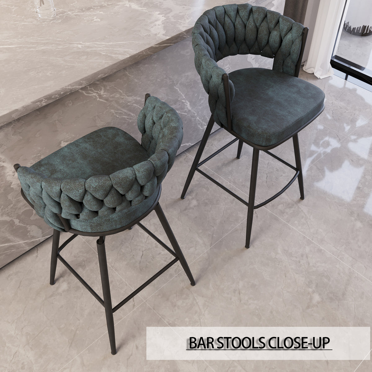 Bar Chair Suede Woven Bar Stool Set Of 4,Black Legs Barstools No Adjustable Kitchen Island Chairs,360 Swivel Bar Stools Upholstered Bar Chair Counter Stool Arm Chairs With Back Footrest, Blue Metal Blue Kitchen Dining Chairs Foam Technical Leather