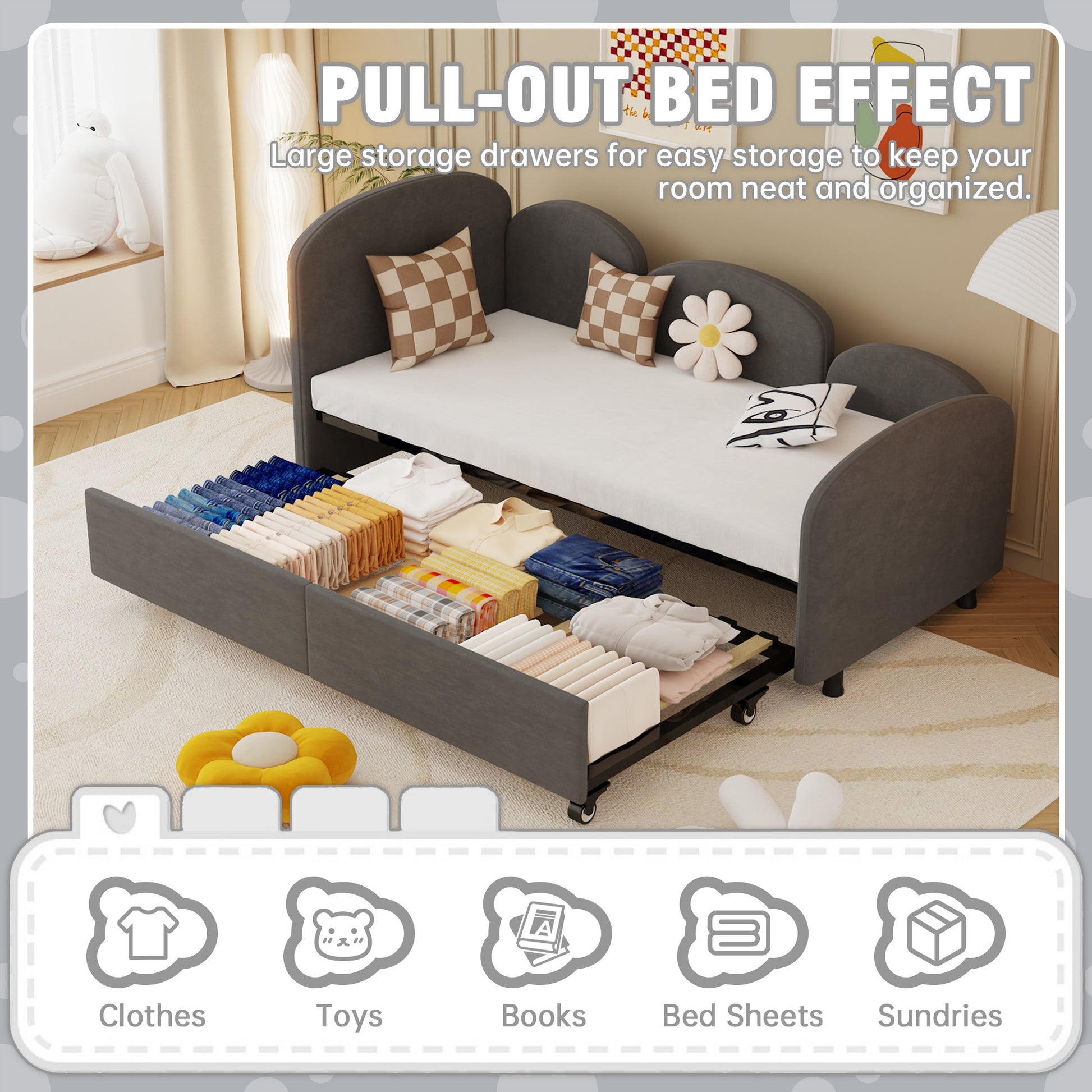 Twin Size Twin Size Bed Frames With An Another Bed Frame, Velvet Upholstered Daybed, Modern Sofa Bed Daybed Frame For Bedroom Living Room, Suitable For Living Room, Kids Room, Bedroom Ddry Gray Dark