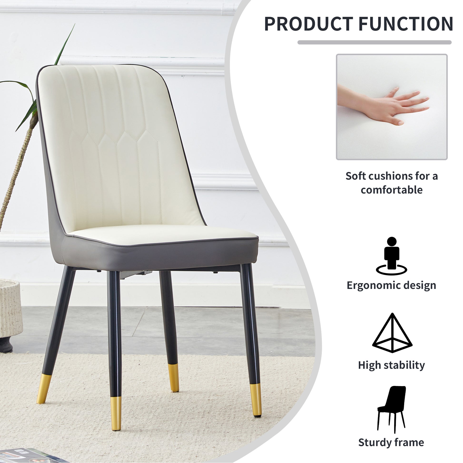 Table And Chair Set.A Morden Table With White Imitation Marble Patterned Stone Burning Tabletop With Golden Metal Legs.Paried With 4 Chairs With Pu Leather Backrest And Black Metal Legs. Black,White Gold Seats 4 Metal,Sintered Stone