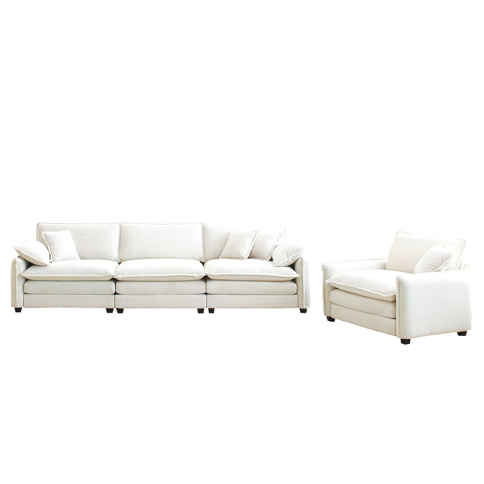 Mid Century Modern Sofa Set Of Two, One 3 Seater Sofa And One Single Seat Sofa With 2 Arm Pillows And 4 Throw Pillows,2 Pieces Sofa Set For Living Room, Beige Corduroy Fabric Beige Corduroy 4 Seat