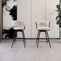 Bar Chair Toweling Woven Bar Stool Set Of 2, Black Legs Barstools No Adjustable Kitchen Island Chairs,360 Swivel Bar Stools Upholstered Counter Stool Arm Chairs With Back Footrest, White White Foam Linen