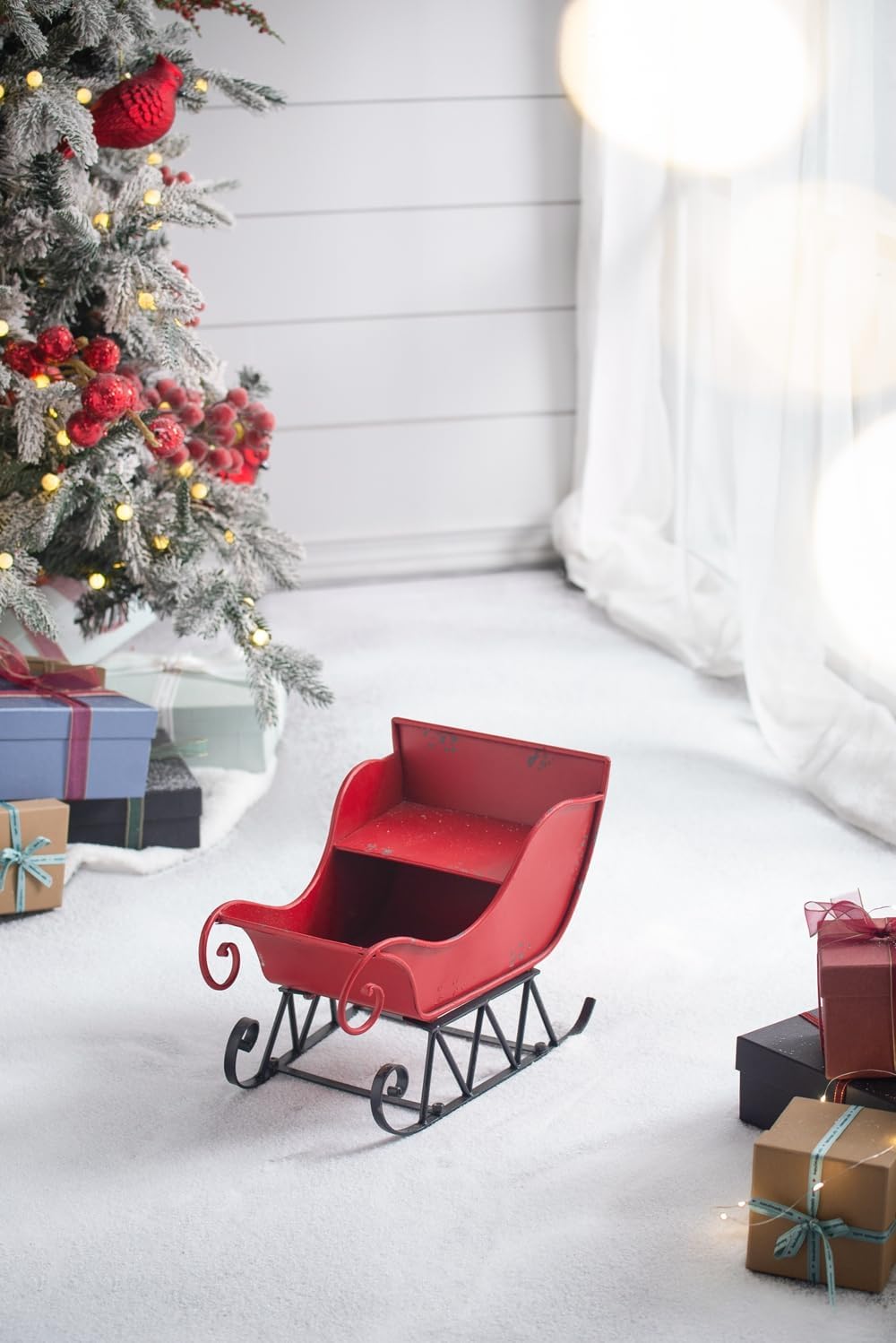 14.5X10X11"H Iron Red Black Sleigh Small, Distressed Christmas Santa Sleigh Holiday Tabletop Hanging Decoration Black Red Iron