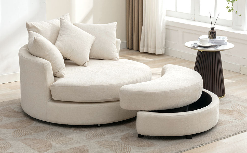 Orisfur. 360 Swivel Accent Barrel Chair With Storage Ottoman & 4 Pillows, Modern Chenille Leisure Chair Round Accent For Living Room, Cream Cream Foam Chenille