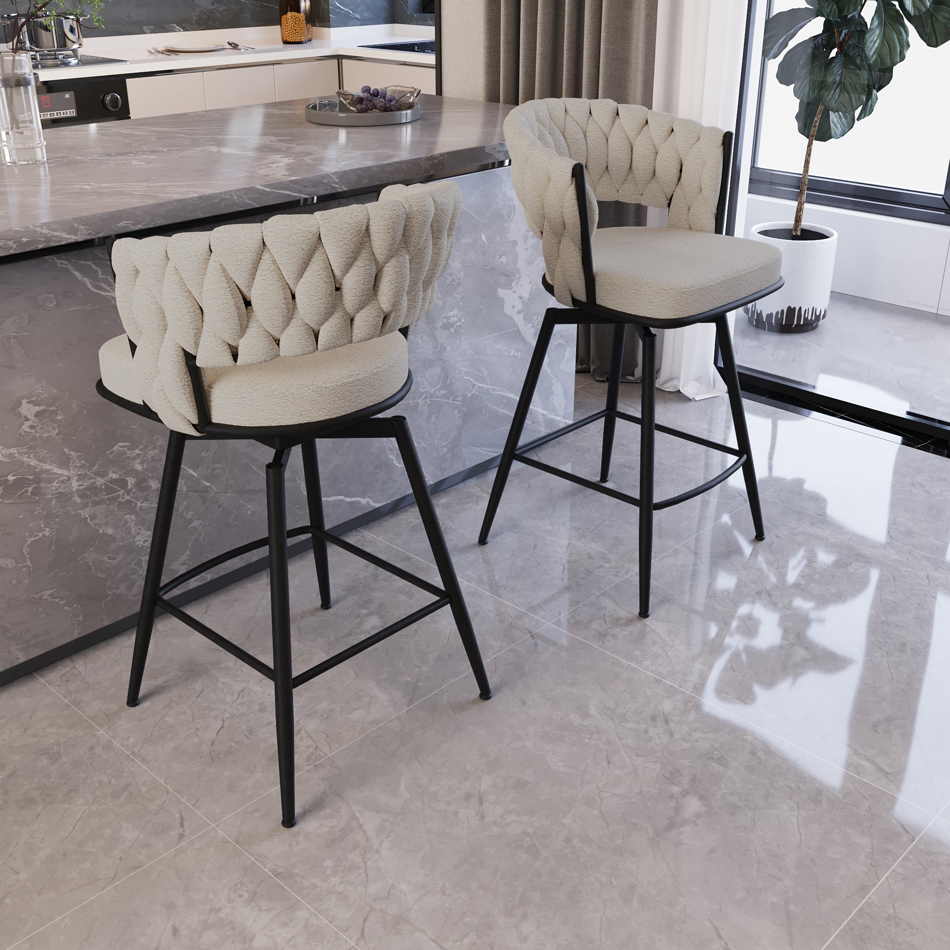Bar Chair Toweling Woven Bar Stool Set Of 2, Black Legs Barstools No Adjustable Kitchen Island Chairs,360 Swivel Bar Stools Upholstered Counter Stool Arm Chairs With Back Footrest, White White Foam Linen