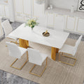 Table And Chair Set.The Table Has A Glass Tabletop With Imitation Marble Pattern Stickers And Stainless Steel Golden Table Legs. Paried With Comfortable Chairs With Pu Seats And Metal Legs. White Gold Seats 6 Glass Metal
