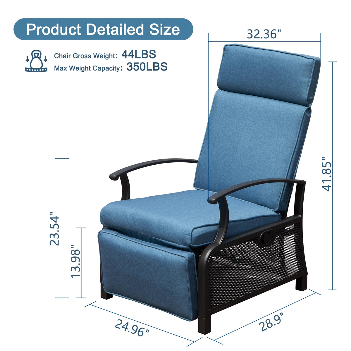 Adjustable Patio Recliner Chair Metal Outdoor Lounge Chair With Flip Table Push Back, Adjustable Angle, 6.8'' Removable Cushions, Support 350Lbs, Navy Blue Yes Blue Garden & Outdoor Metal