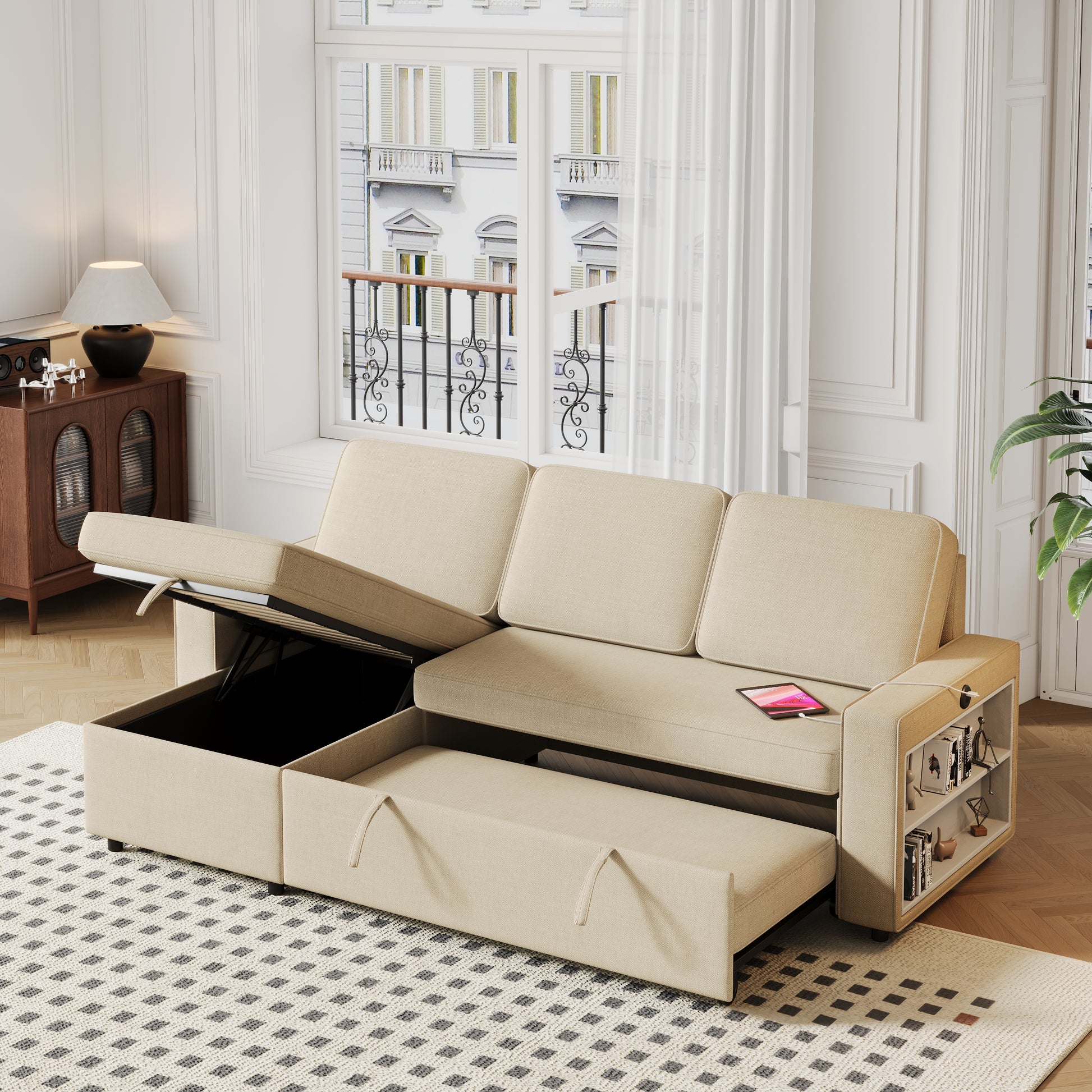 85.8" Pull Out Sleeper Sofa L Shaped Couch Convertible Sofa Bed With Storage Chaise And Storage Racks,With Usb Port And T Pyce Port Beige Fabric 3 Seat
