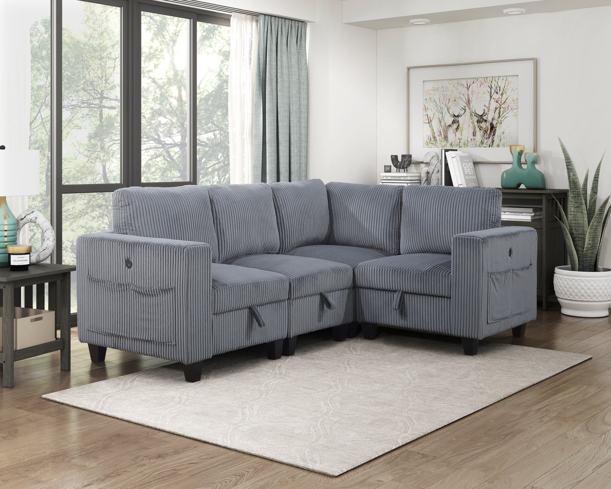 Modern Living Room Furniture 1Pc Dark Gray Chair With One Arm, Storage Pouch And Charging Ports Corduroy Fabric Upholstery Dark Gray Primary Living Space Contemporary,Modern Solid Wood