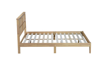 Queen Size Rubber Wooden, Solid Wooden Bed With Rattan Headboard, Enhanced By Support Feet Queen Natural American Design Rubber Wood