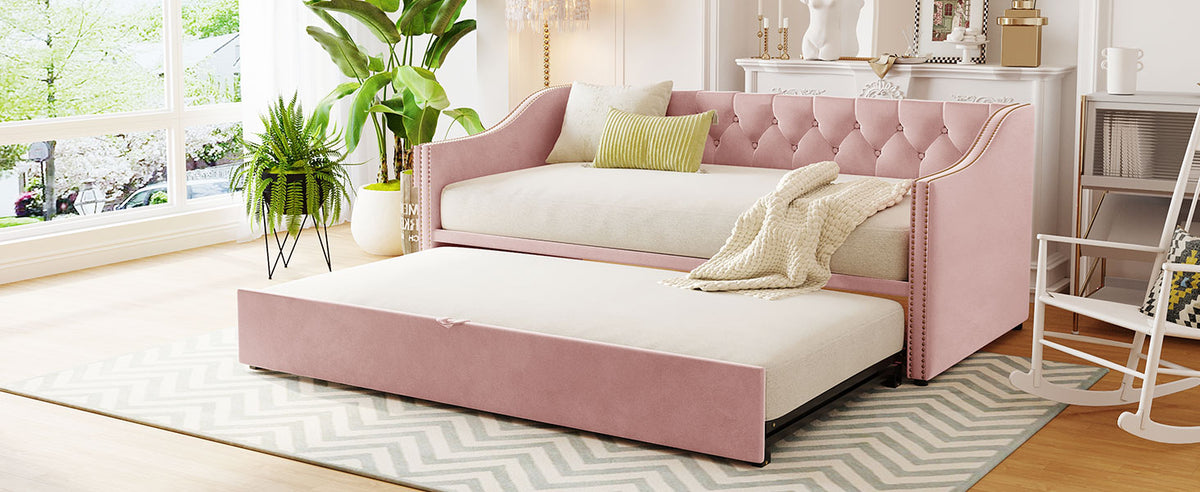 Twin Size Upholstered Daybed With Pop Up Trundle, Pink Twin Pink Upholstered