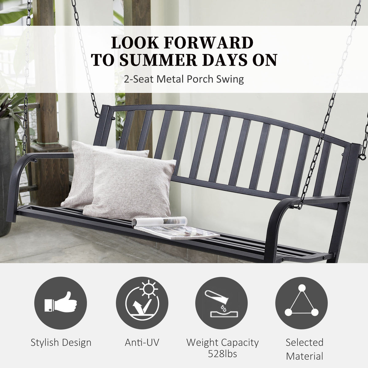 Outsunny 2 Person Front Porch Swing Patio Swing Bench, Outdoor Steel Swing Chair With Sturdy Chains, For Backyard, Deck, 528 Lb Weight Capacity, Black Black Steel