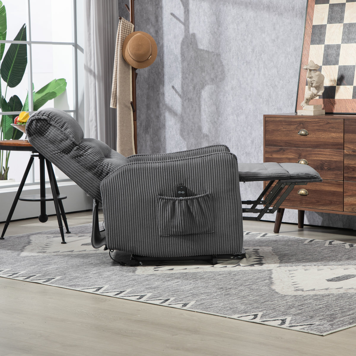 Coolmore Recliner Chair, Electric Recliner Chairs For Adults, Side Pocket Power Reclining Chair Pocket Springs Seat Cushion, Corduroy Fabric Recliner Sofa For Living Room, Bedroom, Home Theater Dg Dark Gray Foam Corduroy