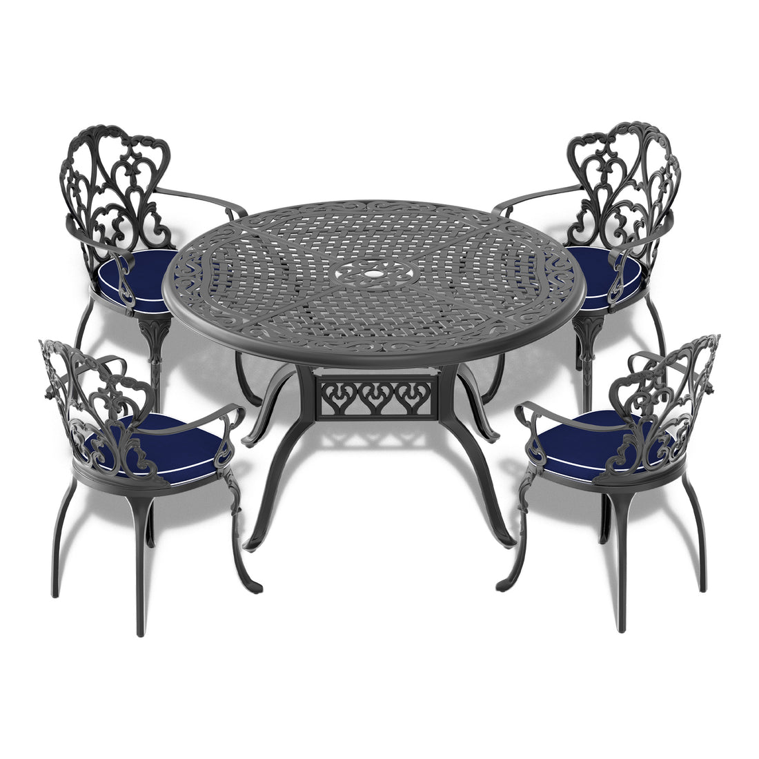 Cushions In Random Colors 5 Piece Set Of Cast Aluminum Patio Furniture With Cushions Yes Dining Set Black Seats 4 Rust Resistant Frame Water Resistant Cushion Garden & Outdoor Complete Patio Sets Aluminium