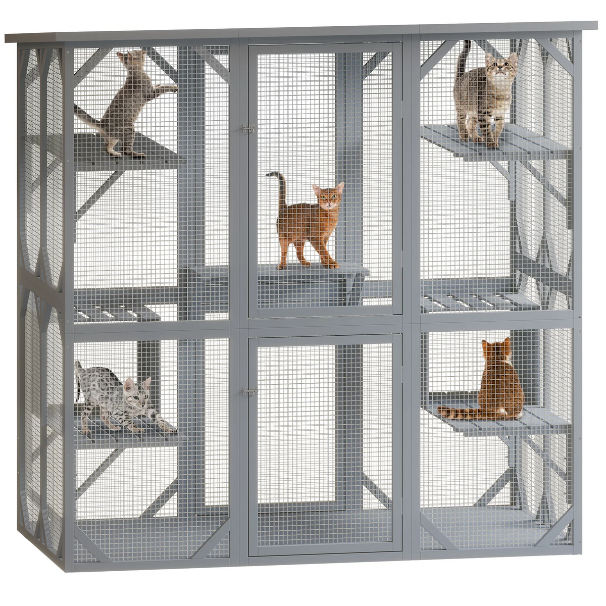 Outdoor Cat House Big Catio Wooden Feral Cat Shelter Enclosure With Large Spacious Interior, 6 High Ledges, Weather Protection Asphalt Roof Grey Wood