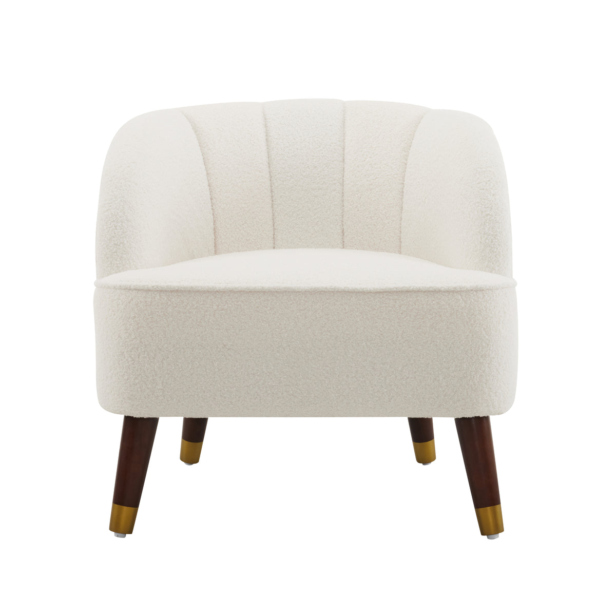 Upholstered Barrel Accent Chair With Wooden Legs White Rubberwood Boucle