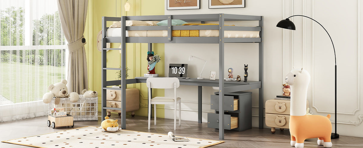 Twin Loft Wood Bed With Under Bed, Built In Desk, A Storage Cabinet Of 2 Drawers, Guardrails, Ladder,Grey Twin Grey Pine