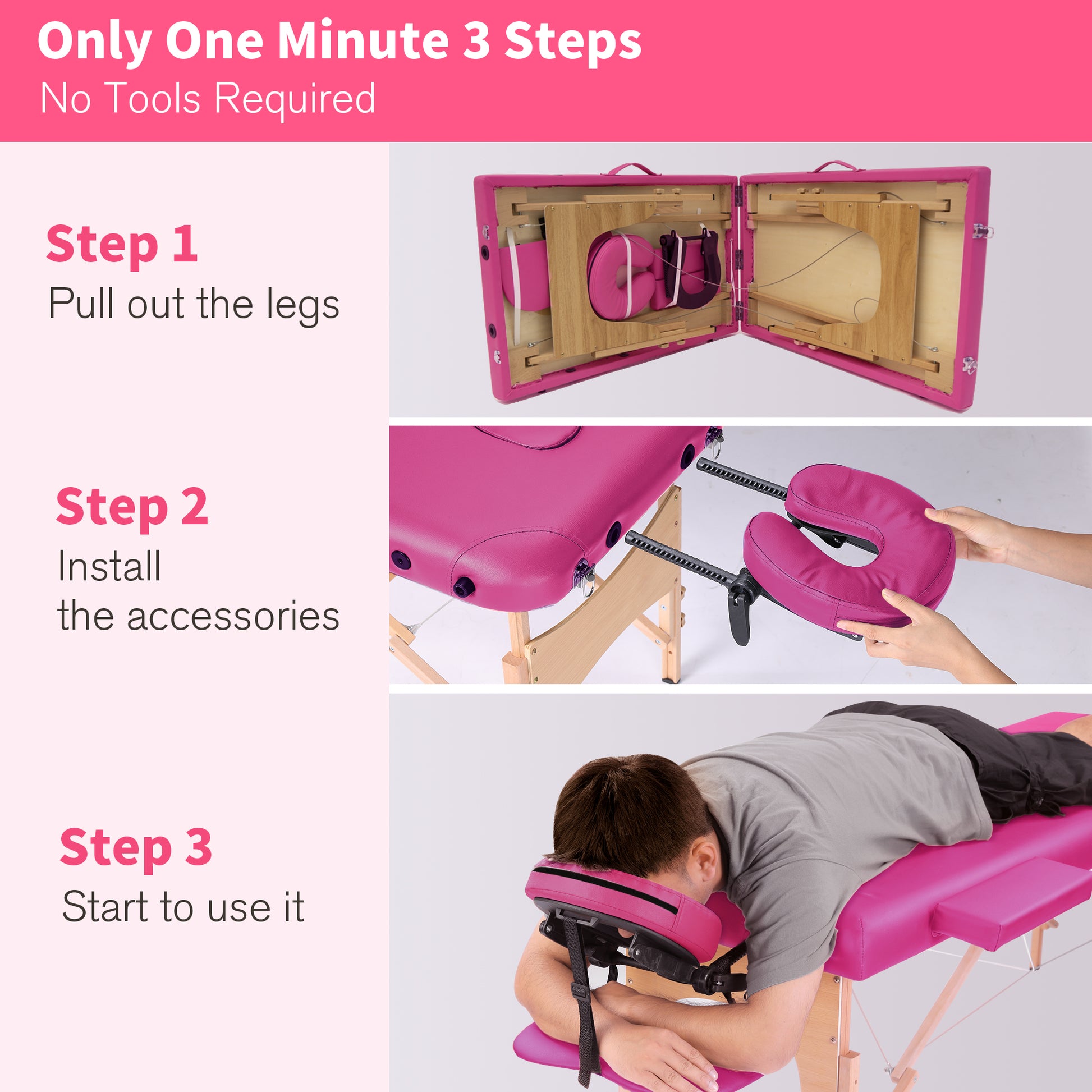 Massage Table Portable Massage Bed Lash Bed With Carrying Case Spa Table Height Adjustable, Salon Bed Face Cradle Bed Rose Faux Leather